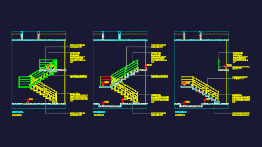 Architectural plan and section drawings for a concrete staircase with galvanized steel handrails and specifications.