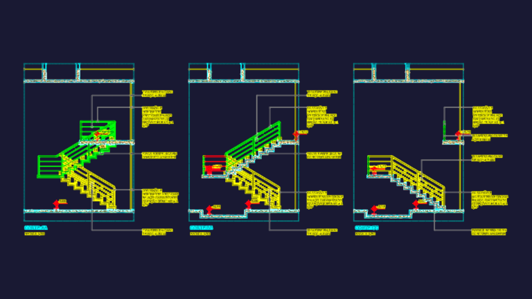 Architectural plan and section drawings for a concrete staircase with galvanized steel handrails and specifications.