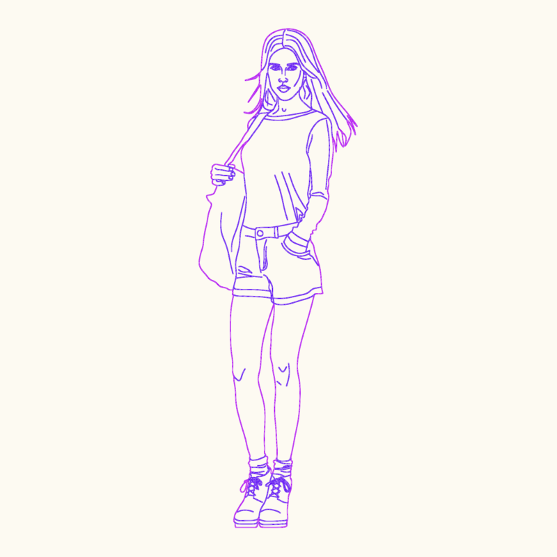 Standing girl wearing shorts and carrying a bag