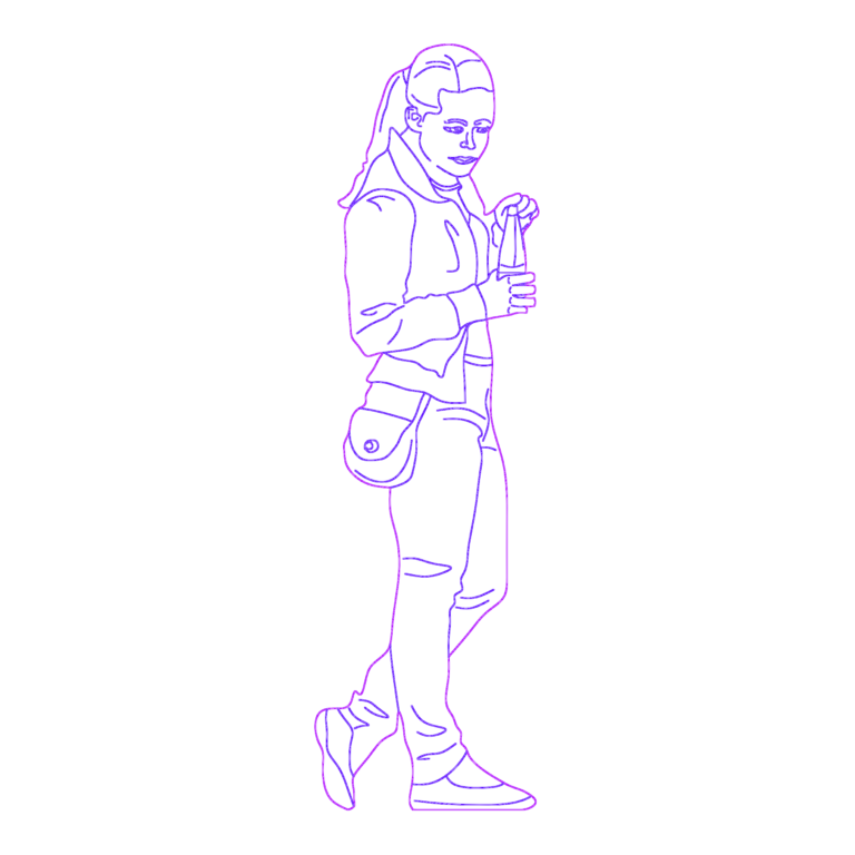 Vector silhouette of a girl looking down while holding a water bottle and wearing a messenger bag.