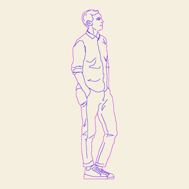 2D line drawing of a man standing in profile view, wearing a shirt and trousers.