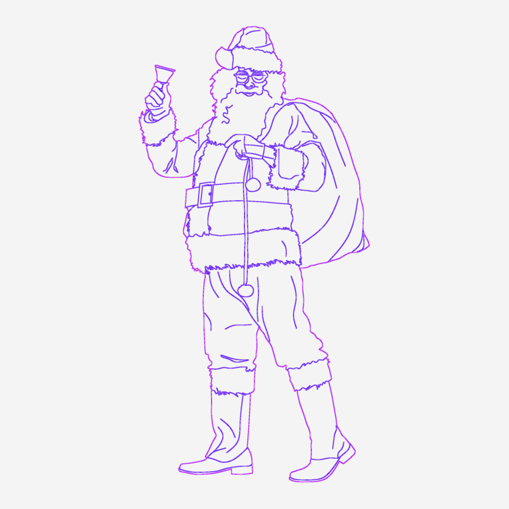 2D CAD elevation of Santa Claus holding a hand bell and a large bag of gifts.