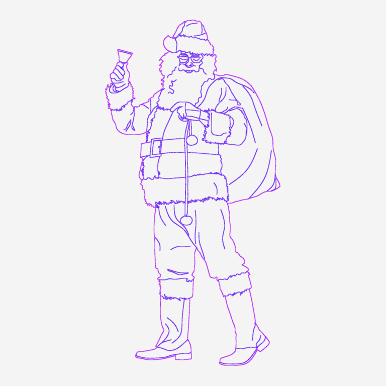 2D CAD elevation of Santa Claus holding a hand bell and a large bag of gifts.