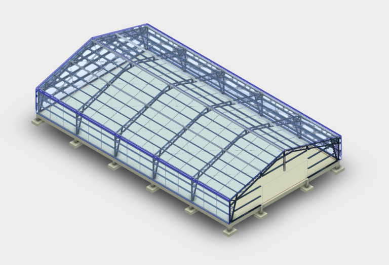 Top view of a structural steel frame with cross-bracing and columns for an industrial shed.