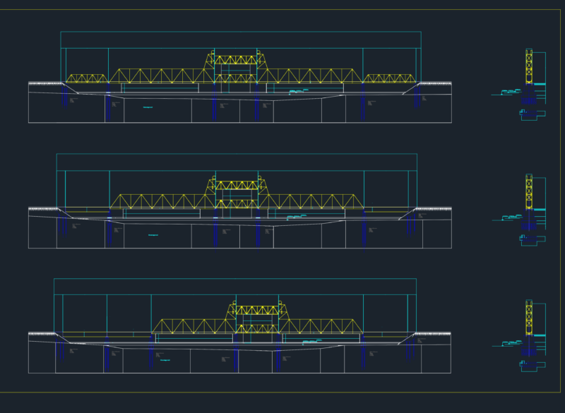 Steel bridge elevation with pile foundation sections and details