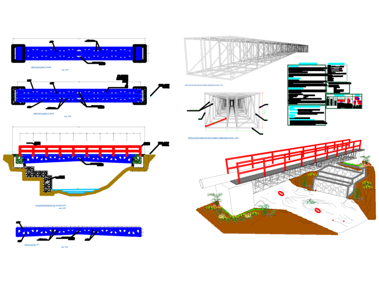 CAD drawing showing elevation and plan views of a steel truss bridge for a 400mm HDPE water pipe.