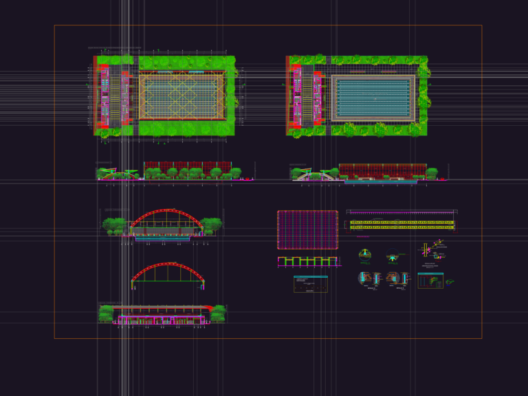 Structural sections and beam details for a steel roof structure over an Olympic pool and dining hall.