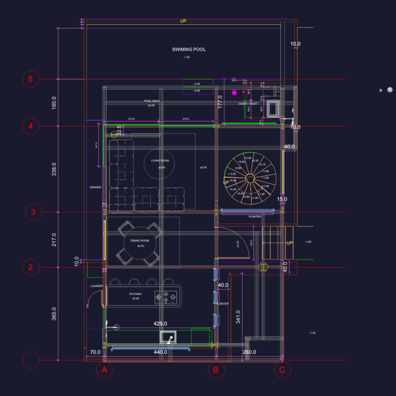 Steel Structure Ground Floor Plan DWG for Residential Villa with Pool and Circular Stairs
