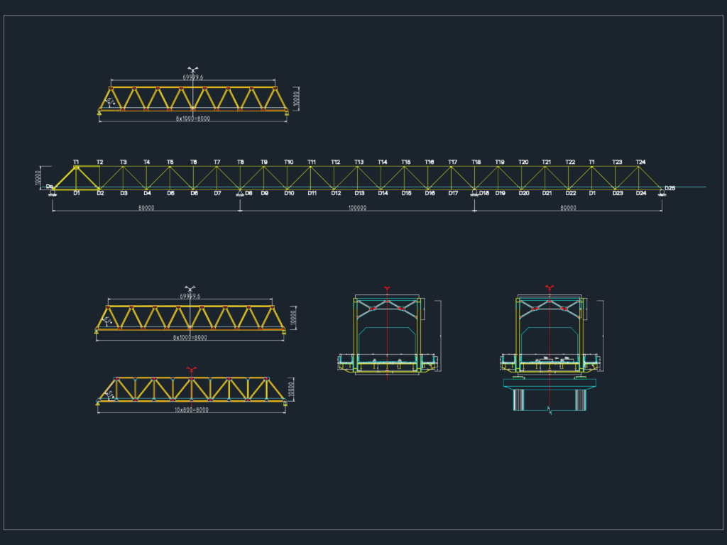 Technical CAD drawing showing the elevation and cross-section views of a steel truss bridge with node labels.