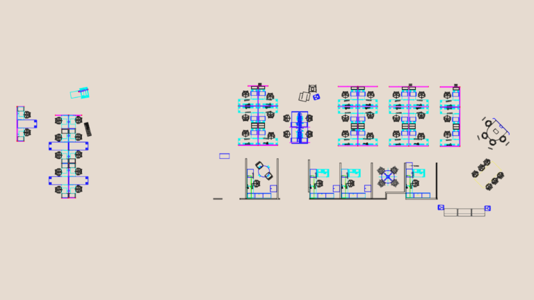 CAD floor plan showing rows of office cubicles, desks, and chairs in a workspace layout.