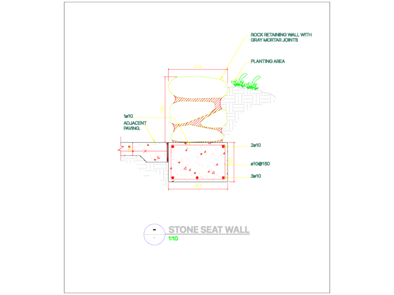 CAD detail showing a cross-section of a stone seat wall with mortar joints and reinforced concrete footing.