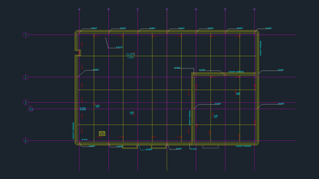 CAD drawing showing storm drainage piping layout with floor plans and elevation details.