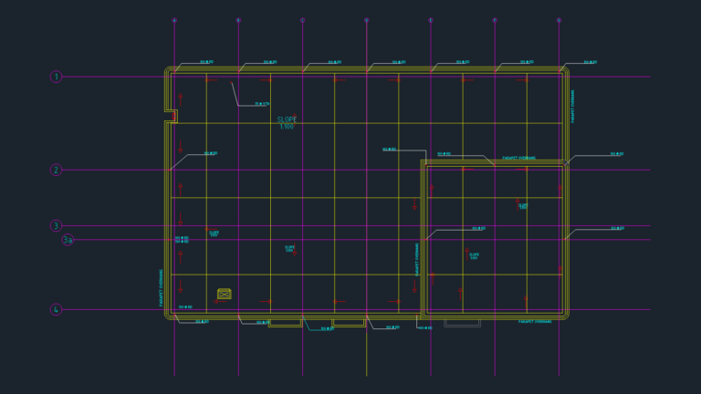 CAD drawing showing storm drainage piping layout with floor plans and elevation details.