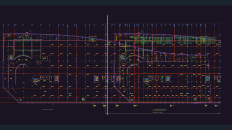 CAD drawing showing the structural framework layout plan and elevation details for a building core wall.