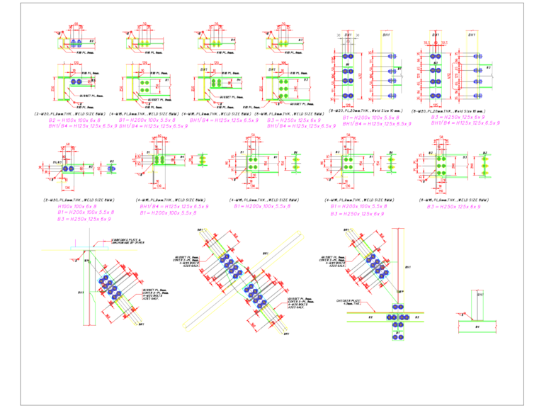 Structural steel connection details showing gusset plates, bolts, and H-beam joints.