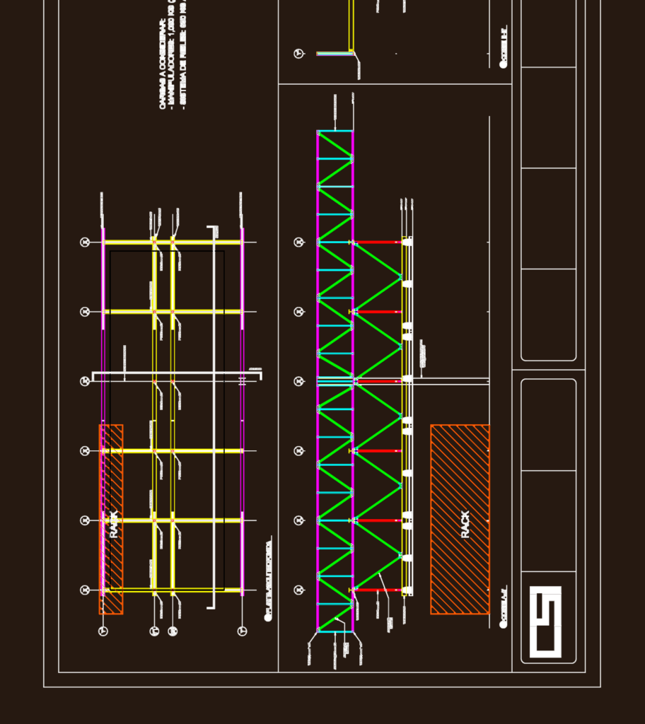 Structural drawing of an industrial enclosure showing beam layouts, diagonal bracing, and steel connection details.