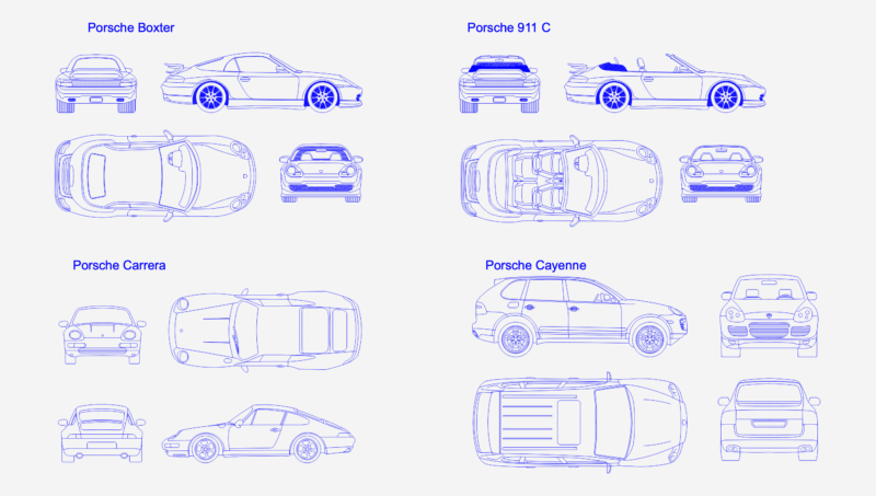 Stuttgart Porsche Car Blocks DWG: 911 & Cayenne Views