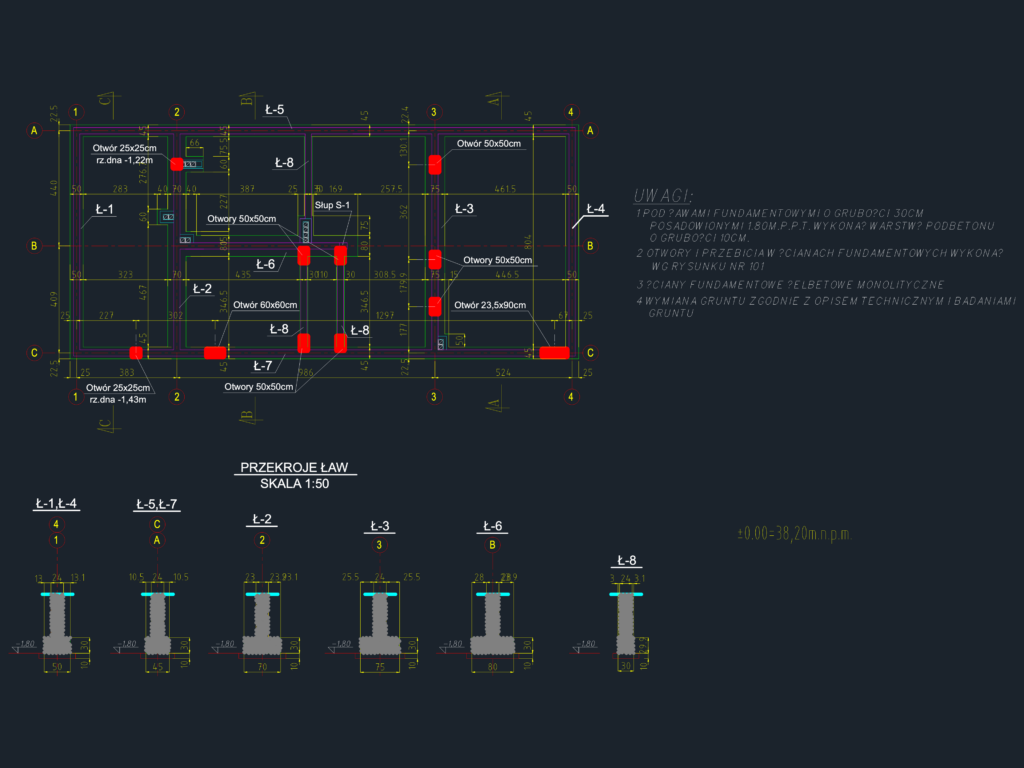 CAD layout and sections showing foundations for a high-voltage substation building with footing dimensions and rebar specs.