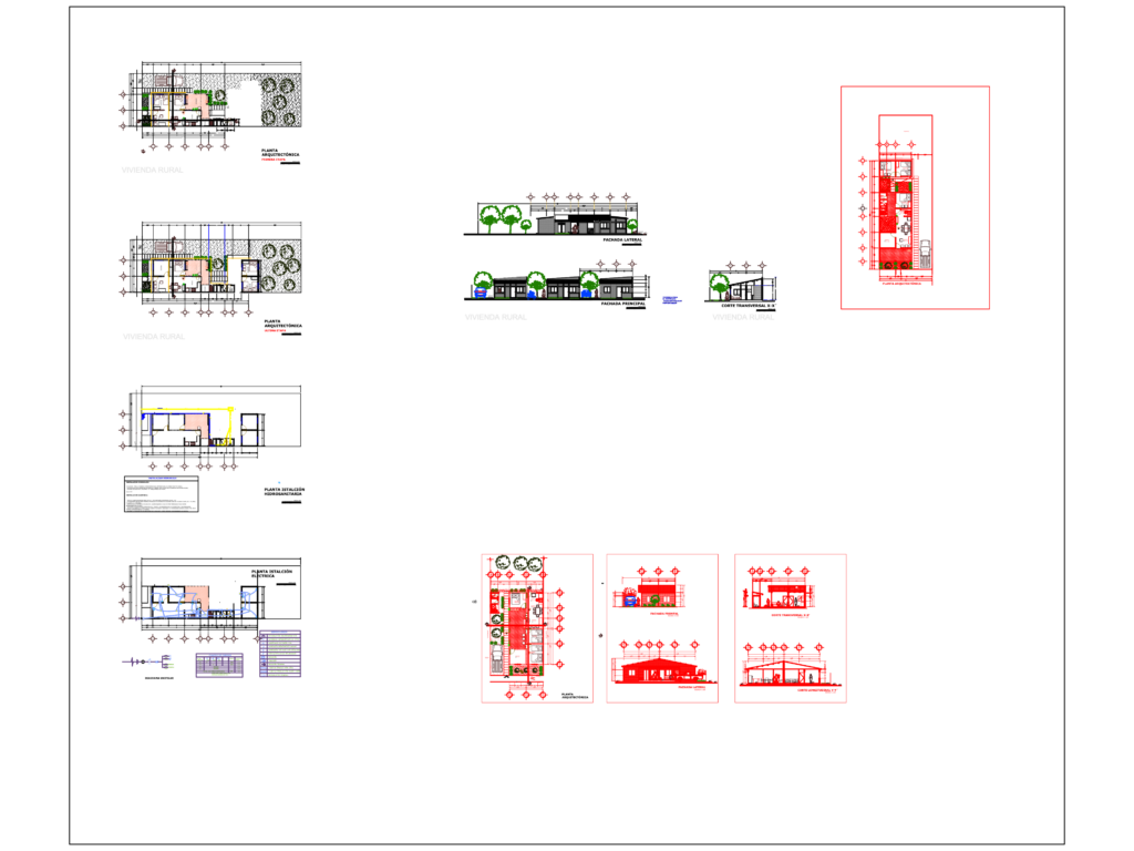 Sustainable rural house CAD project showing floor plans, sections, and electrical/plumbing installations.