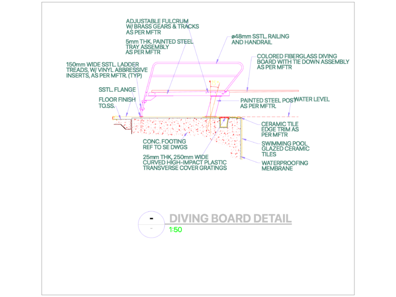 Swimming Pool Diving Board Section with Ladder and Railing Details