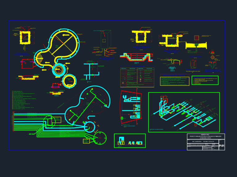 CAD plan of a swimming pool plumbing system showing pipes, pump room isometric, and filter equipment details.