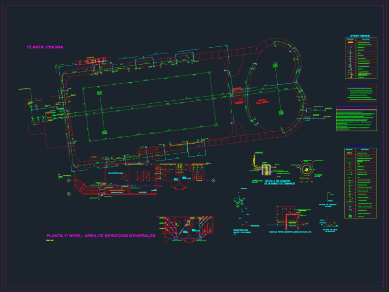 Swimming Pool Plumbing and Hydraulic System CAD Plan with Pumping Equipment Isometric Details