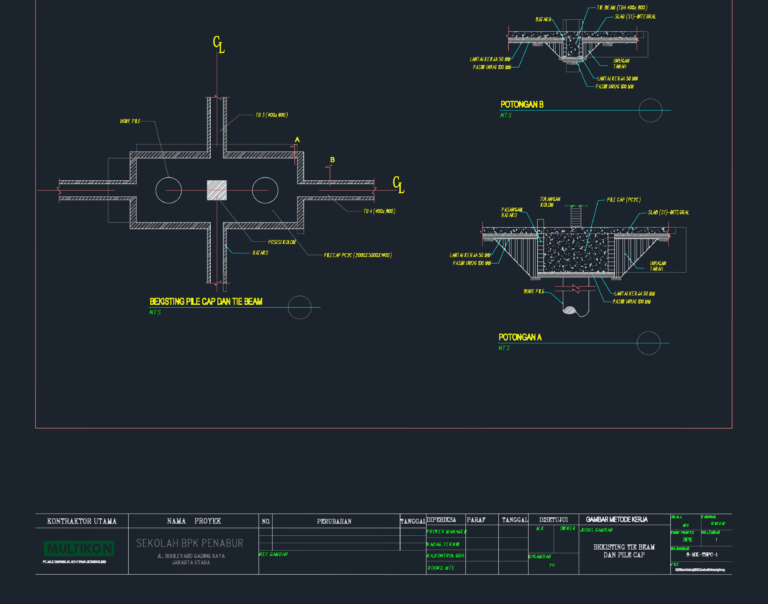 Structural drawing showing pile cap and tie beam sections with dimensions and reinforcement layers.
