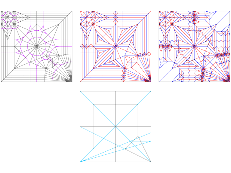 Technical CAD drawing of a complex origami dragon crease pattern with color-coded fold lines.