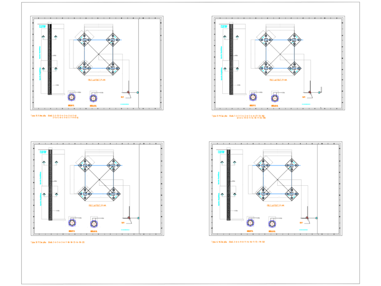 Telecom tower foundation layout plan showing pile positions, sections, and reinforcement details for different soil types.