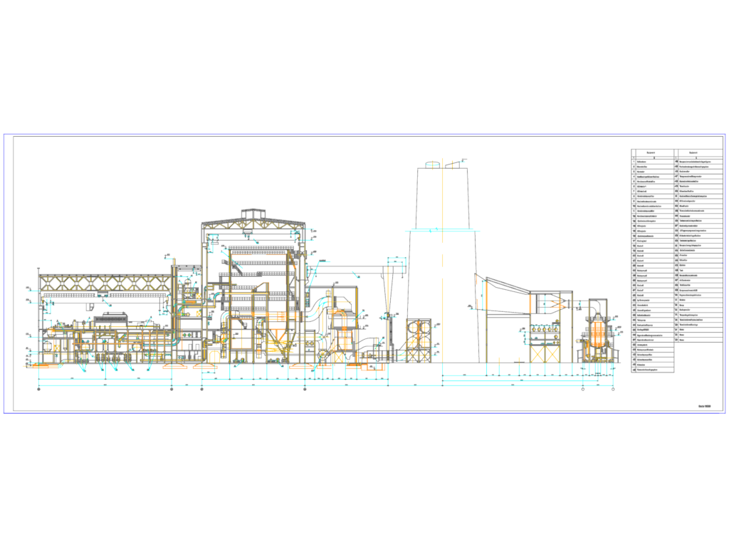 CAD elevation of a 1000MW thermal power plant showing boiler structures and turbine hall with equipment list.