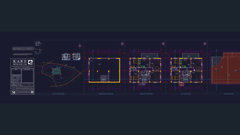 Architectural drawing showing floor plans, sections, and elevations for a residential building.