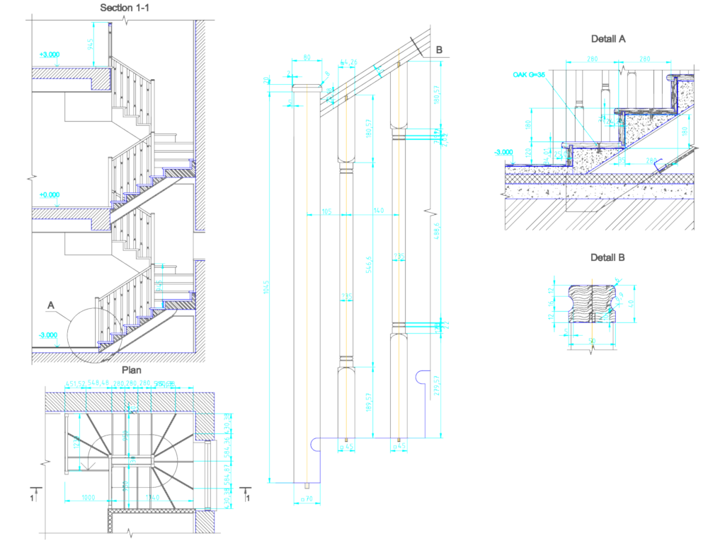 CAD drawing showing a multi-level timber staircase in section and plan views with oak tread specifications.