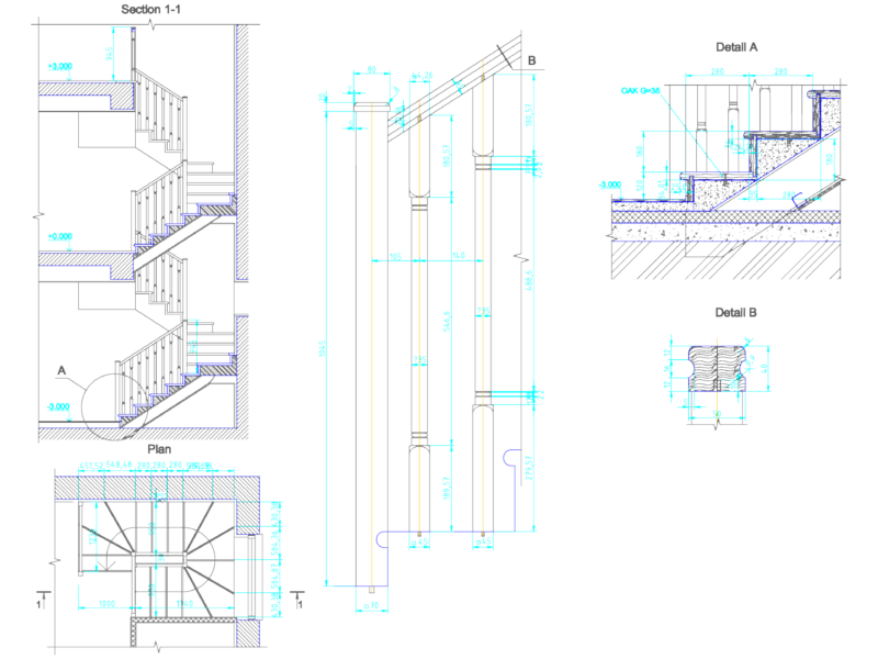 Timber Staircase Plan and Section with Oak Treads