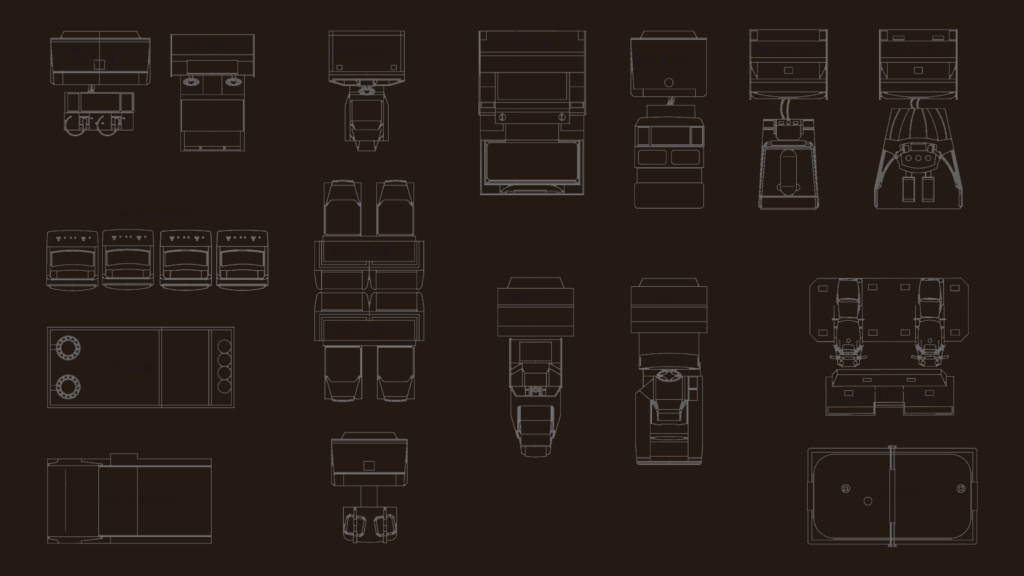 Top view CAD blocks of Sega and Namco arcade machines and racing simulators.
