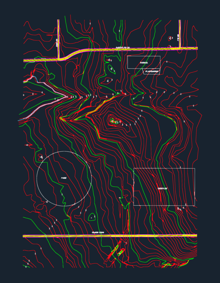 Topographic map with contour lines, road layouts for Pine Rd and Grand Blvd, school, and park zones.