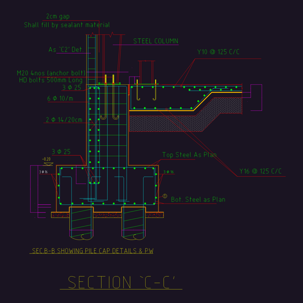 Structural CAD drawing showing sections and plans for a tower crane raft foundation with pile caps and reinforcement.