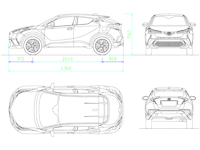 Toyota C-HR 2017 Side Front Back and Top Elevations