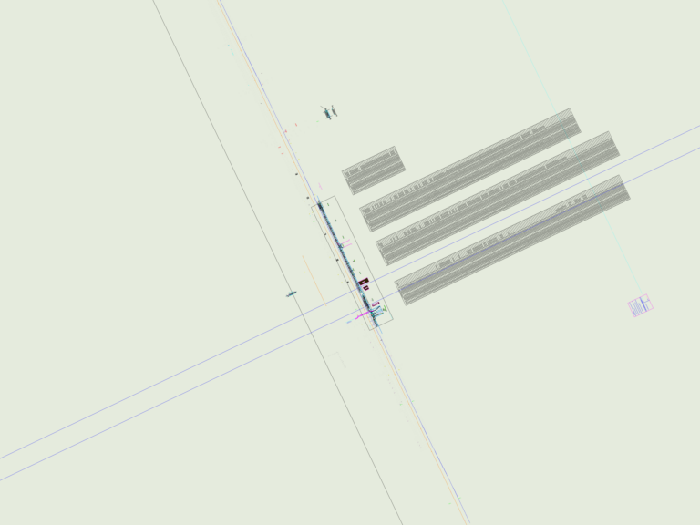 CAD drawing of a bus stop layout plan and technical cross-section with paving and urban furniture details.