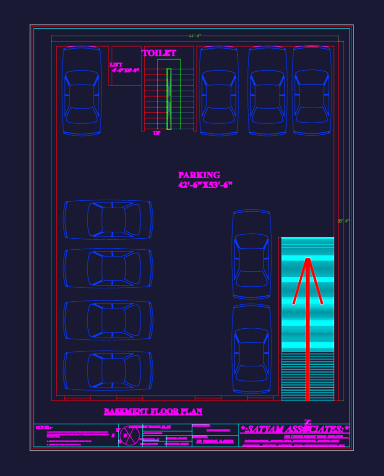Basement floor plan CAD drawing showing a parking area for 9 cars, stairs, a lift, and a toilet.