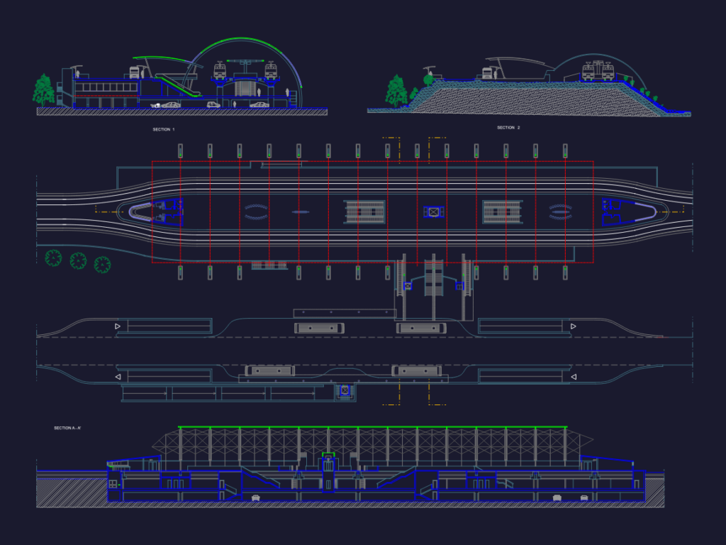 Detailed architectural CAD plan and section drawings of a multi-level metro station and transit hub.