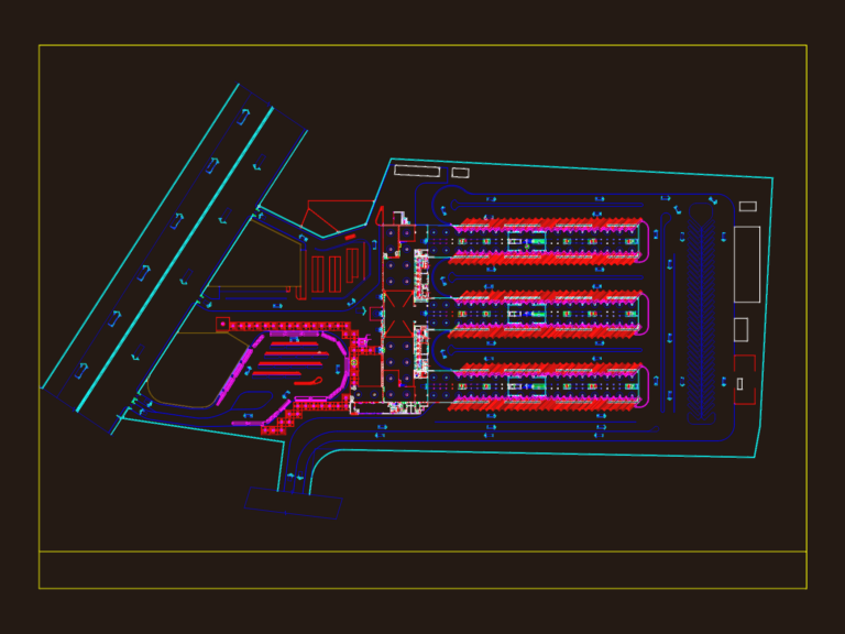 CAD site plan of a bus terminal showing arrival and departure fingers, parking zones, and main terminal buildings.