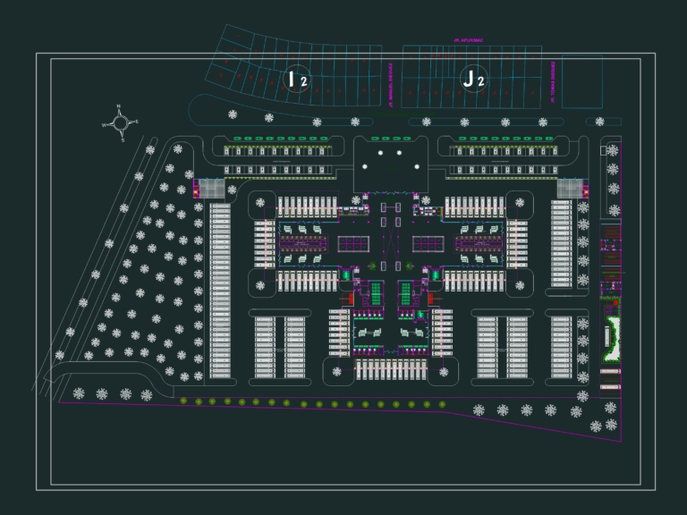 Architectural CAD plan of a bus terminal with ticketing counters, waiting halls, and bus parking bays.