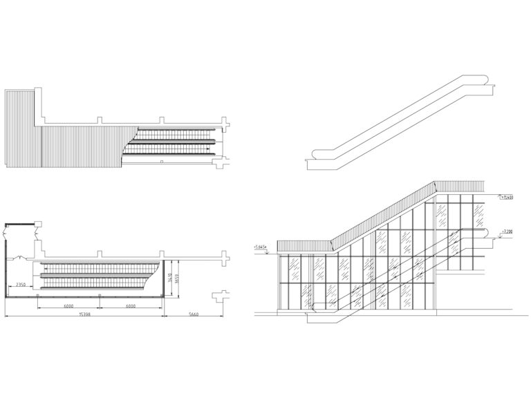 Side elevation drawing of a commercial escalator with glass panels and floor level annotations.