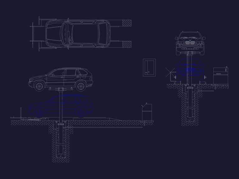 CAD drawing showing plan, side, and front elevation views of an in-ground hydraulic car lift with an SUV.