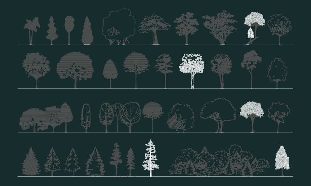 Row of 2D tree elevation blocks including deciduous, pine, and palm species for landscape design.