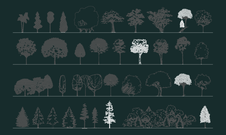 Row of 2D tree elevation blocks including deciduous, pine, and palm species for landscape design.