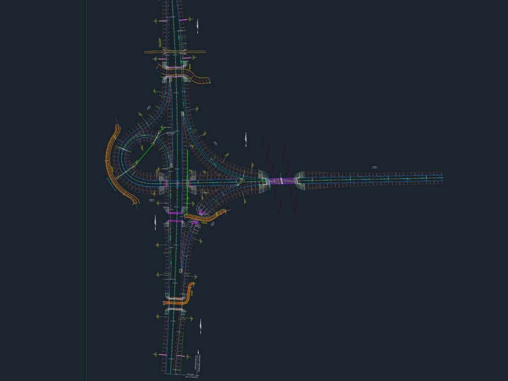 Civil engineering plan of an expressway trumpet interchange with drainage systems and toll plaza.