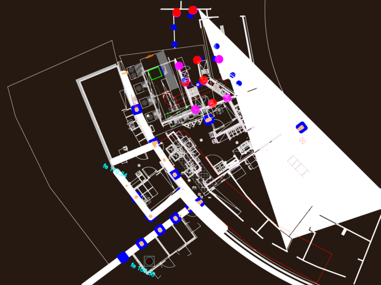 Industrial CAD layout of drainage networks with colored pipes, manholes, and TS 2000 N equipment.