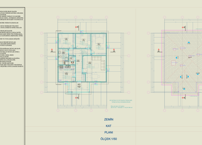 Floor plan and roof layout for a 100m2 single-story residence with annotations in Turkish.