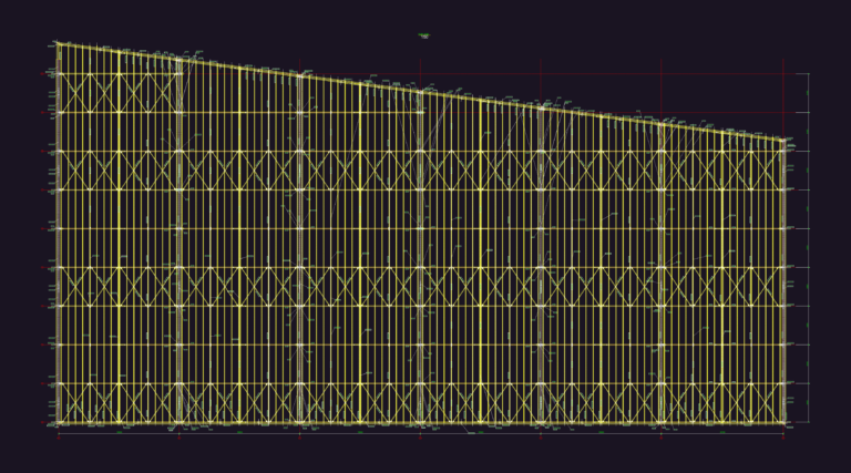 CAD drawing showing the structural layout of a large steel warehouse roof with beams and bracing.